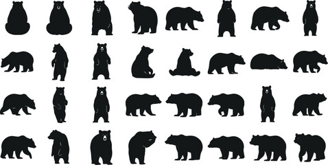 Bear silhouettes, bear in various poses, standing, walking, sitting, perfect for wildlife, nature designs, outdoor themes, versatile, visually engaging