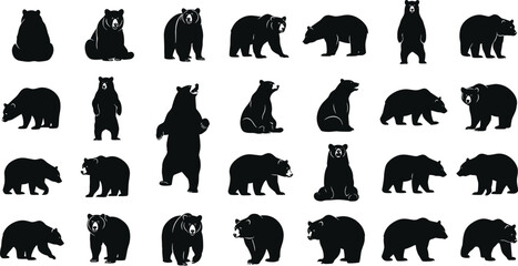 Obraz premium Bear silhouettes, bear in various poses, standing, walking, sitting, perfect for wildlife, nature designs, outdoor themes, versatile, visually engaging