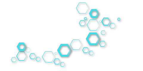 An abstract, minimalist design featuring scattered hexagonal shapes in light blue and white, some solid and some outlines, casting subtle shadows on a pure white background,