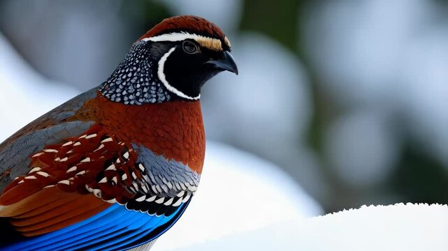 Portrait of a colorful Himalayan monal bird perched in a snow environment. Bird with speckled neck feathers and bright blue tail feathers.
