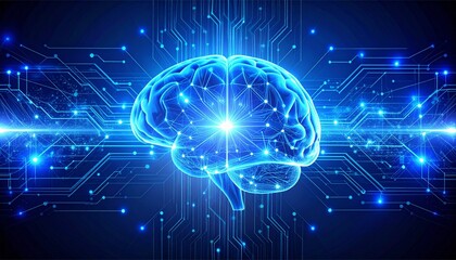 Futuristic AI Interface with Floating Holographic Data and Digital Brain Illustration in Dark Tech Background