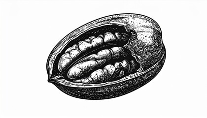 Opened Pecan Nut Shell Black and White Illustration