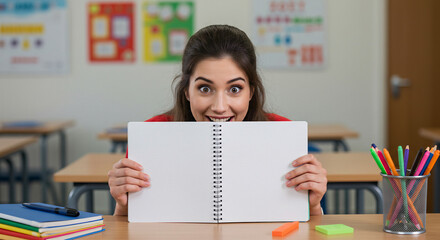 Woman Peeking Over Notebook in Classroom 