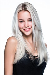 Naklejka premium Stunning blonde woman portrait. Perfect for beauty, fashion, and haircare advertising. Ideal for websites, magazines, and social media.