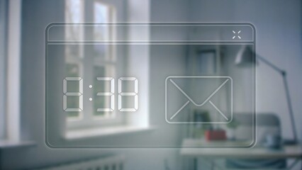 Digital clock and email icon overlay a blurred modern home office background.