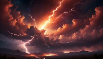 Intense lightning strikes during a fiery thunderstorm over a mountain range at night.
