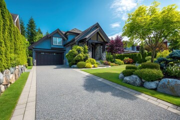 Clean Driveway. Expensive Luxury Home with Blue Garage in Suburbs of Vancouver, Canada