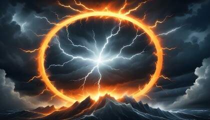 Fiery energy ring with intense lightning strikes erupts above a stormy mountain range.
