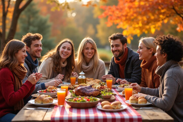 Fototapeta premium A group of friends gathered around a table, smiling and laughing as they enjoy a meal together in an outdoor setting with autumn foliage.