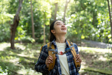 Nature Exploration. Young woman looking up in admiration while hiking in the forest.