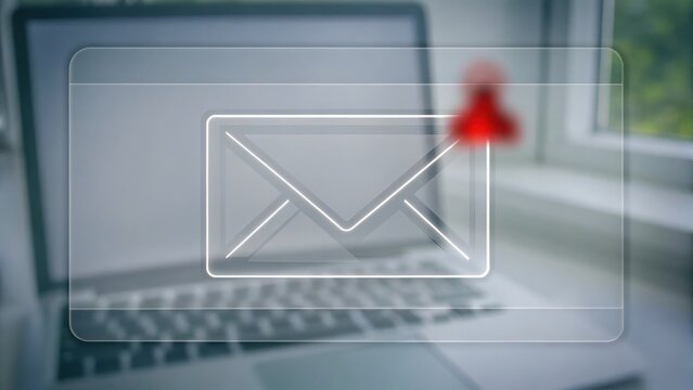 Transparent email notification icon with a red alert appears over a blurred laptop, symbolizing new messages or digital communication.
