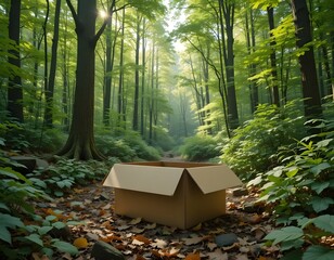 An open cardboard box sits on a leafy forest path surrounded by tall trees and green foliage scenery