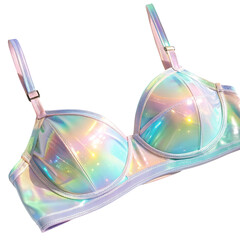 A unique holographic iridescent bra crafted with shiny futuristic material in a modern and innovative design isolated on a black background.