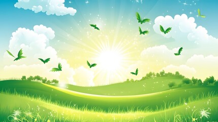 Obraz premium Sunny Green Meadow Landscape with Butterflies