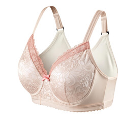 Elegant and comfortable women's lingerie featuring intricate floral lace detailing with a delicate pink bow and adjustable straps on a black background.