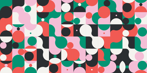 Playful geometric pattern with circles and curves in retro colors
