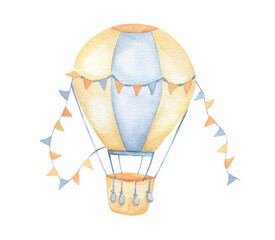 Watercolor vintage hot air balloon with flags garland. Hand drawn isolated illustration for children. Cute drawing
