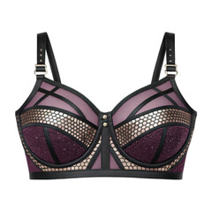 Luxurious handcrafted fashion garment featuring a beautifully designed purple and black bra with gold accents and fine leather details for exquisite lingerie