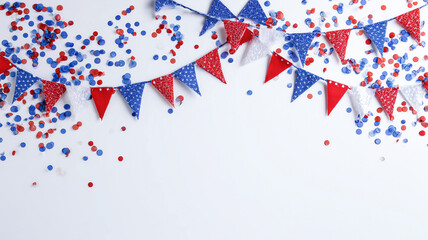 Bunting banner and scattered confetti in French colors arranged as a colorful frame for national holiday graphics