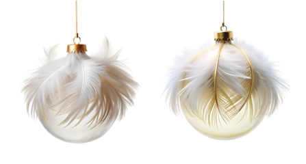 Feather Ornament with Gold Tip: A delicate white feather ornament with golden tip and hanging thread, elegant and airy PNG