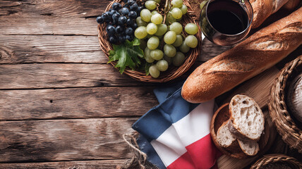 Carefully styled Bastille display featuring baguette, red wine, rustic cheese and patriotic charm on wooden background