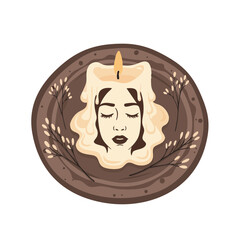 Melting Candle with Sleeping Face Shape on Ceramic Plate, Calm Uncanny Vector