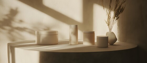 Beige Cosmetic Jars Mockup Sunlit Scene