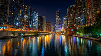 Naklejka premium Dynamic Lights in the Urban Jungle: A Vivid Night-time Cityscape