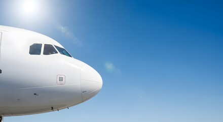 Close-up shot of a white airplane nose against a clear blue sky.
