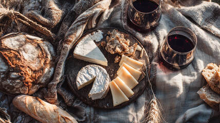 Classic French decorative dining setup with smooth red wine, cheese board and baguette over rustic cozy textile