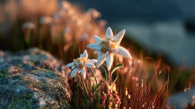 Edelweiss blooming, delicate mountain flower in Alpine scenery illuminated by soft golden light