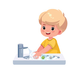 happy kid washing hands for daily personal care cartoon vector illustration	