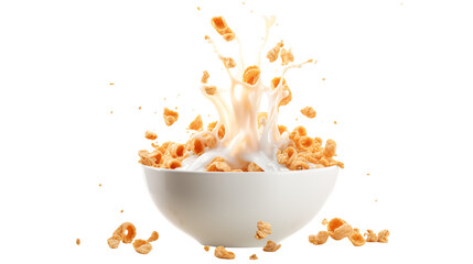 Cereal and milk splash in a white bowl presents a breakfast concept isolated on transparent background 