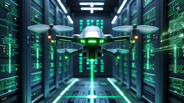 light in the night city  Drone flying in the Air, abstract futuristic background with binary code - Powered by Adobe