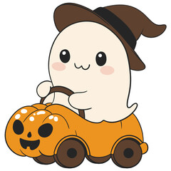 halloween cute ghost riding a pumpkin like a car in flat color cartoon style