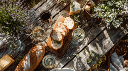 Elegant French picnic layout with wine, cheese wheels, and fresh baguette creating authentic countryside celebration vibe