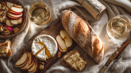 Elegant gourmet snack display with artisan French cheese tray, bread and wine laid over soft linen for vintage food styling