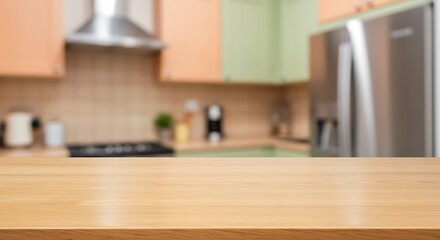 Wooden table on blurred kitchen bench background. Empty wooden table and blurred kitchen background