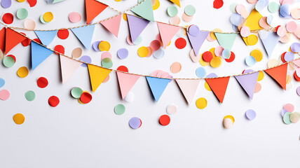 Festive paper flag garland with colorful round confetti dotted neatly across white background for party theme designs