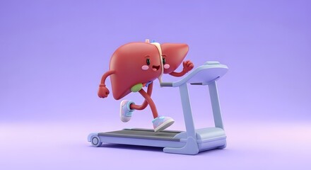 A cheerful liver organ character jogs enthusiastically on a treadmill, promoting health and wellness.