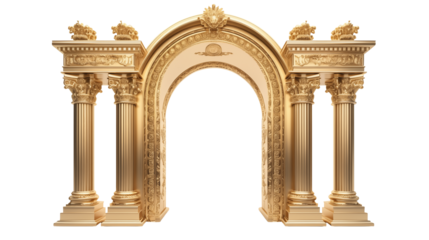 Golden archway with ornate columns stands elegantly isolated on transparent background