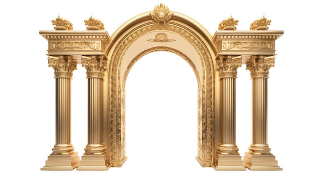 Golden archway with ornate columns stands elegantly isolated on transparent background