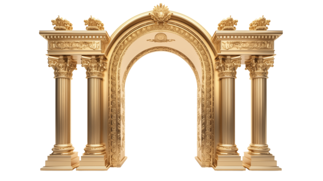 Golden archway with ornate columns stands elegantly isolated on transparent background