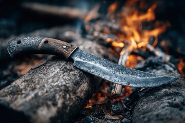 A worn knife lies on a rough log near a fire its handle intricately detailed