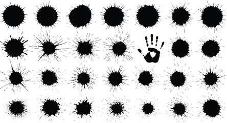 Ink splatter, paint splatter vector set, black paint splashes on white background, artistic design elements.