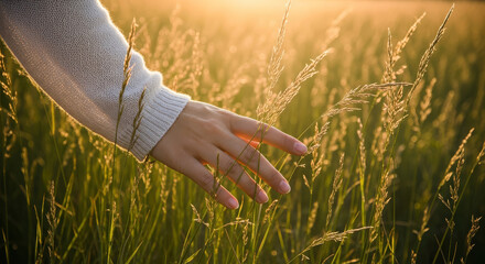 Woman s hand gently touching tall grass in warm golden hour sunlight