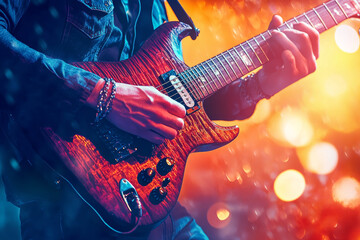 Rockmusiker spielt mit einer E-Gitarre auf einem Rockkonzert, Generative AI