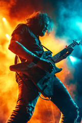 Rockmusiker spielt mit einer E-Gitarre auf einem Rockkonzert, Generative AI