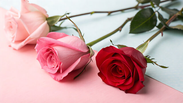 red and pink roses on a white background, Pink and Red Roses on Soft Pastel Background – Romantic Floral Close-Up, seamless background with roses, pink and red roses on a white background - Powered by Adobe