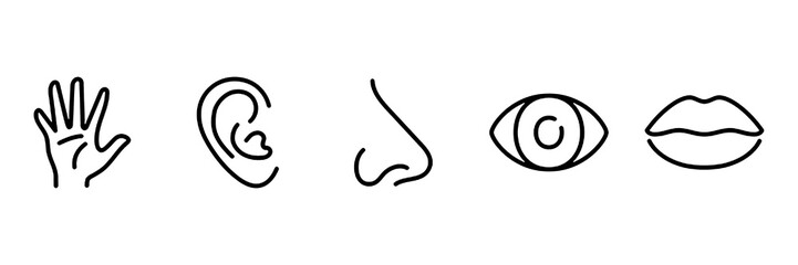 Five human senses editable stroke outline icons set isolated on white background flat vector illustration.